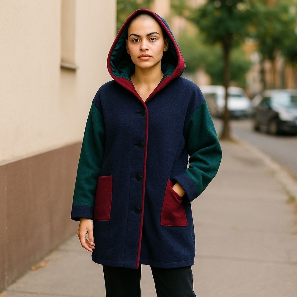 KARIZMA 90's ( 10 ) 100% Wool Vintage Colorblock Relaxed Oversized Jacket w Hood